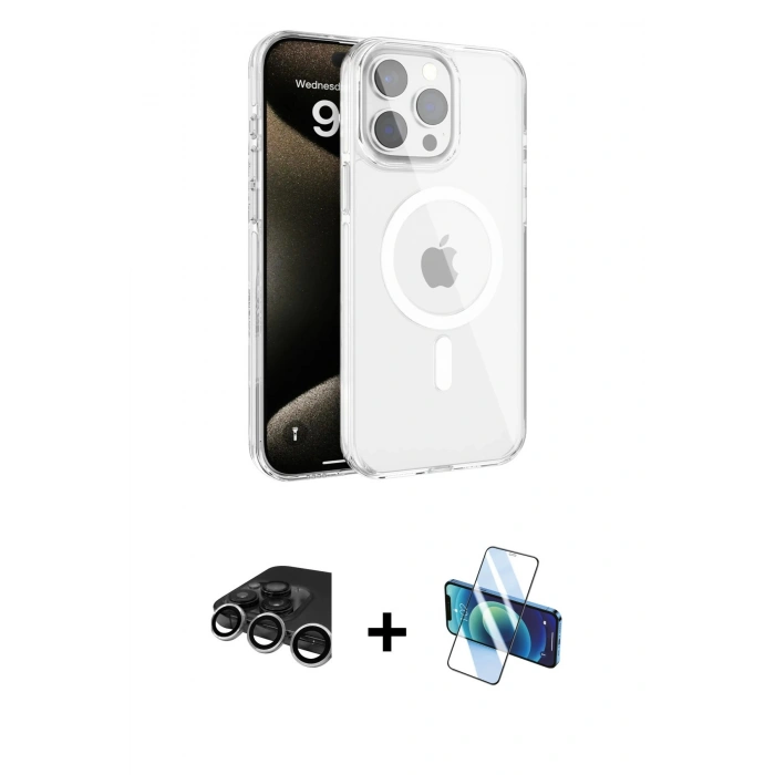 MARSİLYAN™- iPhone 15 Pro Kılıf Doruk Doku Özel Seri - Siyah 3D Antistatik Seramik Nano Ekran Koruyucu + Raze Metal Kamera Lens - GS