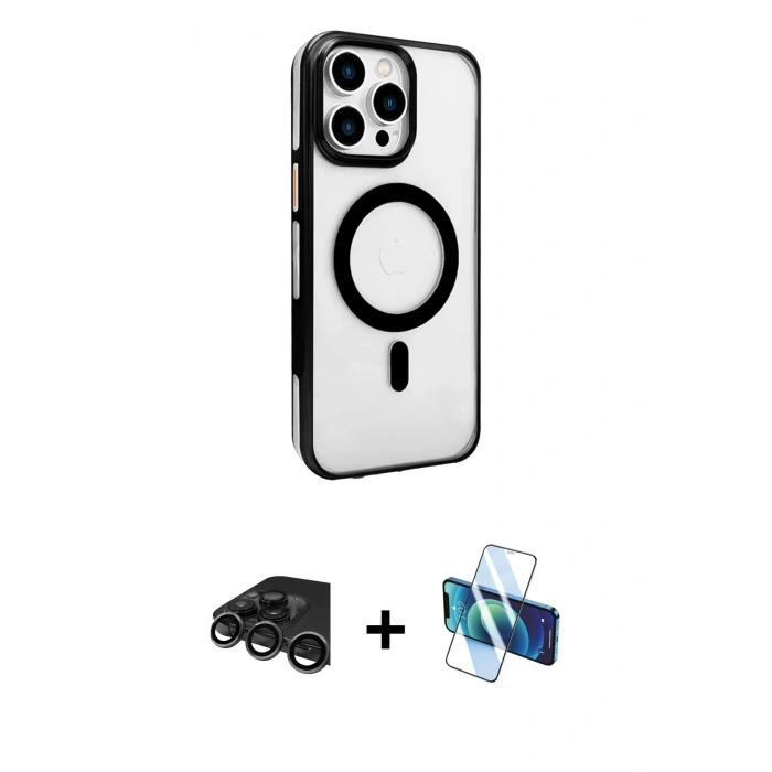 MARSİLYAN™- iPhone 15 Pro Kılıf Doruk Doku Özel Seri - Siyah 3D Antistatik Seramik Nano Ekran Koruyucu + Raze Metal Kamera Lens - TMGI