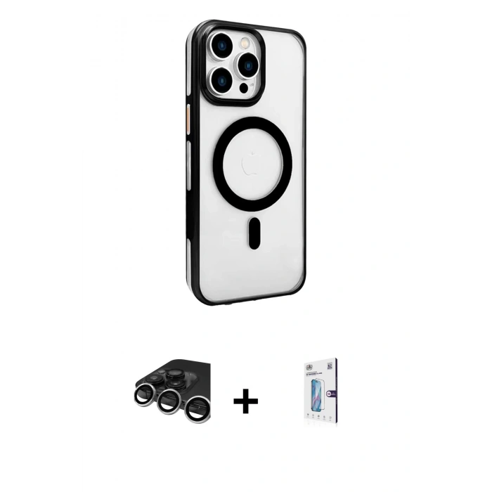 MARSİLYAN™- iPhone 15 Pro Kılıf Doruk Doku Özel Seri - Siyah Bilvis 0.18mm Plus Cam Ekran Koruyucu + Raze Metal Kamera Lens - GS