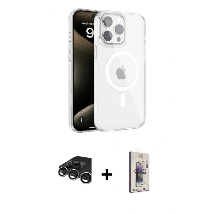 MARSİLYAN™- iPhone 15 Pro Kılıf Doruk Doku Özel Seri - Siyah Bilvis 3D Cam Ekran Koruyucu + Raze Metal Kamera Lens - GS