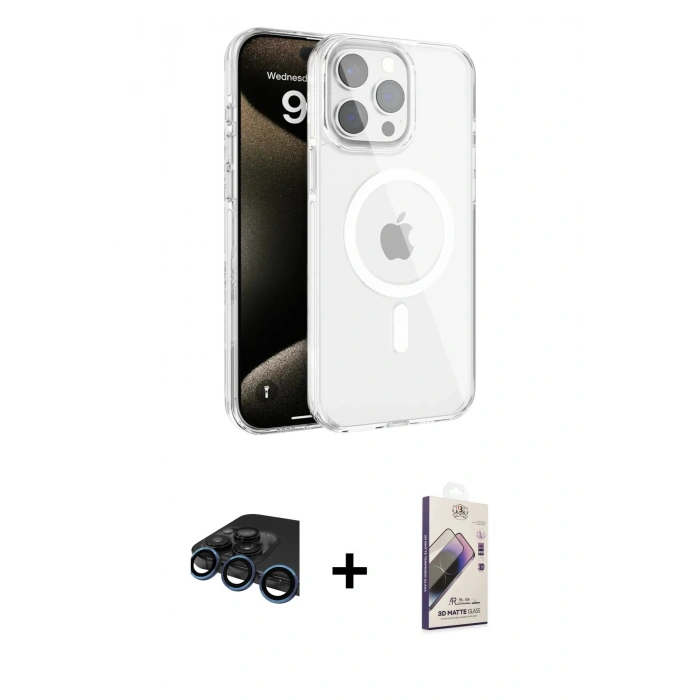 MARSİLYAN™- iPhone 15 Pro Kılıf Doruk Doku Özel Seri - Siyah Bilvis 3D Mat Cam Ekran Koruyucu + Raze Metal Kamera Lens - LT