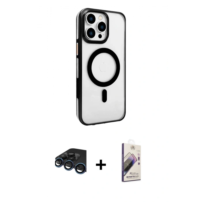 MARSİLYAN™- iPhone 15 Pro Kılıf Doruk Doku Özel Seri - Siyah Bilvis 3D Mat Cam Ekran Koruyucu + Raze Metal Kamera Lens - LT
