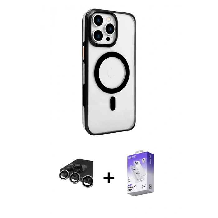 MARSİLYAN™- iPhone 15 Pro Kılıf Doruk Doku Özel Seri - Siyah Bilvis 5in1 3D Magic Cam Ekran Koruyucu + Raze Metal Kamera Lens - GS
