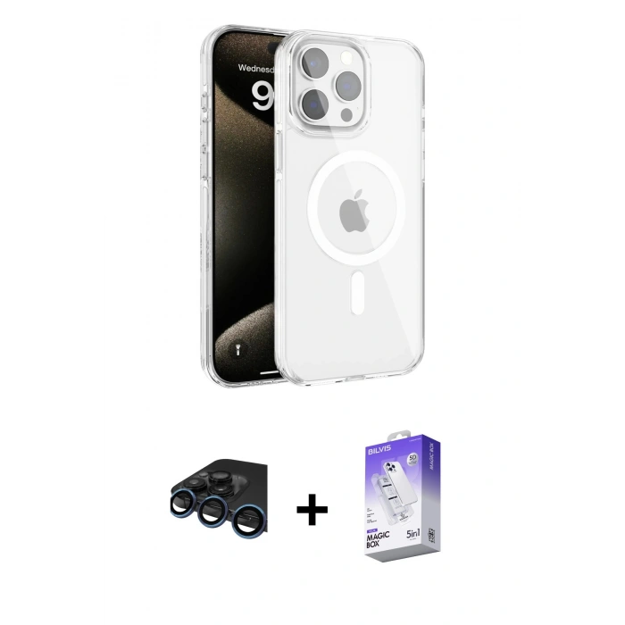 MARSİLYAN™- iPhone 15 Pro Kılıf Doruk Doku Özel Seri - Siyah Bilvis 5in1 3D Magic Cam Ekran Koruyucu + Raze Metal Kamera Lens - LT