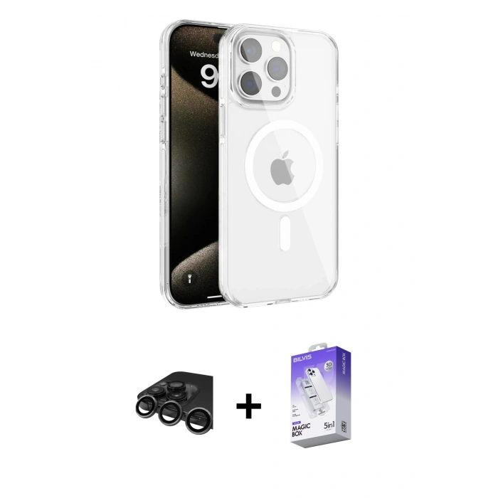 MARSİLYAN™- iPhone 15 Pro Kılıf Doruk Doku Özel Seri - Siyah Bilvis 5in1 3D Magic Cam Ekran Koruyucu + Raze Metal Kamera Lens - TMGI