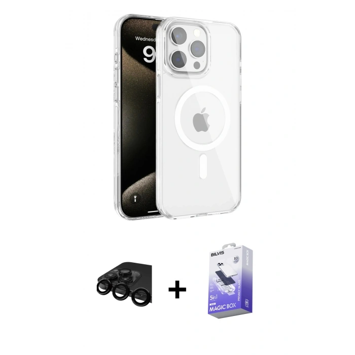 MARSİLYAN™- iPhone 15 Pro Kılıf Doruk Doku Özel Seri - Siyah Bilvis 5in1 5D Magic Hayalet Cam Ekran Koruyucu + Raze Metal Kamera Lens - SH