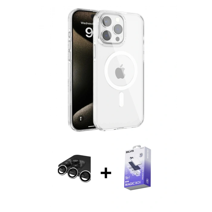 MARSİLYAN™- iPhone 15 Pro Kılıf Doruk Doku Özel Seri - Siyah Bilvis 5in1 5D Magic Hayalet Cam Ekran Koruyucu + Raze Metal Kamera Lens - GS