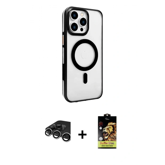 MARSİLYAN™- iPhone 15 Pro Kılıf Doruk Doku Özel Seri - Siyah Buffer Cam Ekran Koruyucu + Raze Metal Kamera Lens - GS