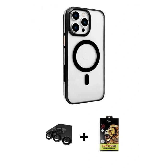 MARSİLYAN™- iPhone 15 Pro Kılıf Doruk Doku Özel Seri - Siyah Buffer Cam Ekran Koruyucu + Siyah Raze Metal Kamera Lens