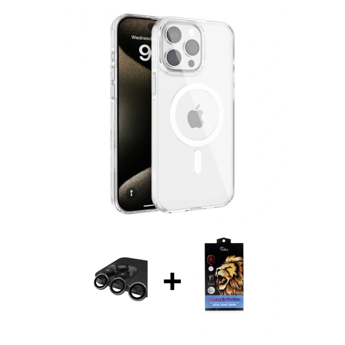 MARSİLYAN™- iPhone 15 Pro Kılıf Doruk Doku Özel Seri - Siyah Buffer Hayalet Cam Ekran Koruyucu + Raze Metal Kamera Lens - TMGI