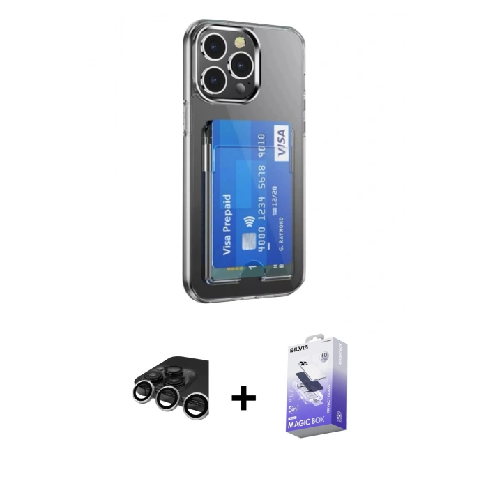 MARSİLYAN™- iPhone 15 Pro Kılıf Doruk Klasik Koleksiyonu - Siyah Bilvis 5in1 5D Magic Hayalet Cam Ekran Koruyucu + Raze Metal Kamera Lens - GS