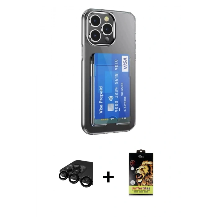 MARSİLYAN™- iPhone 15 Pro Kılıf Doruk Klasik Koleksiyonu - Siyah Buffer Cam Ekran Koruyucu + Raze Metal Kamera Lens - SH