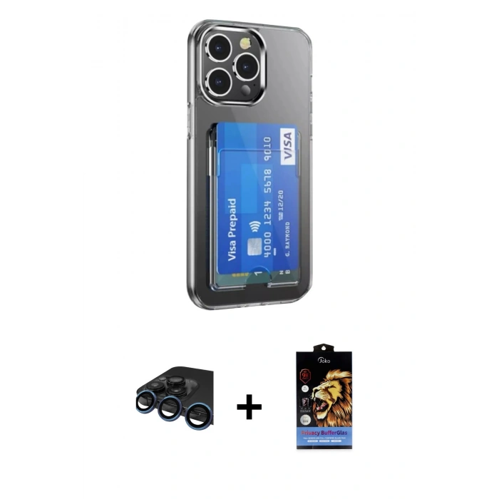 MARSİLYAN™- iPhone 15 Pro Kılıf Doruk Klasik Koleksiyonu - Siyah Buffer Hayalet Cam Ekran Koruyucu + Lacivert Raze Metal Kamera Lens