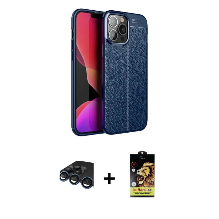 MARSİLYAN™- iPhone 15 Pro Kılıf Doruk Klasik Özel Seri - Siyah Buffer Cam Ekran Koruyucu + Raze Metal Kamera Lens - LT