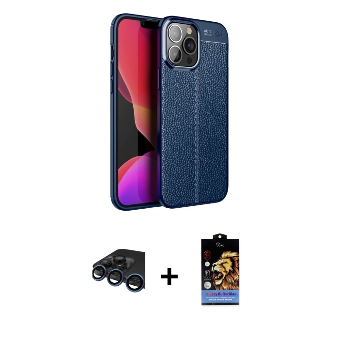 MARSİLYAN™- iPhone 15 Pro Kılıf Doruk Klasik Özel Seri - Siyah Buffer Hayalet Cam Ekran Koruyucu + Raze Metal Kamera Lens - LT