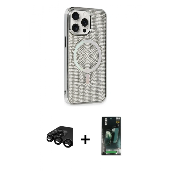 MARSİLYAN™- iPhone 15 Pro Kılıf Eksen Çizgi - Şeffaf 360 Full Body Arka Koruyucu + Raze Metal Kamera Lens - SH