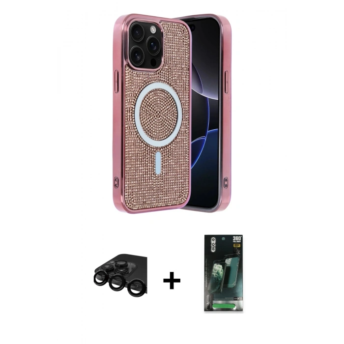 MARSİLYAN™- iPhone 15 Pro Kılıf Eksen Çizgi - Şeffaf 360 Full Body Arka Koruyucu + Raze Metal Kamera Lens - SH