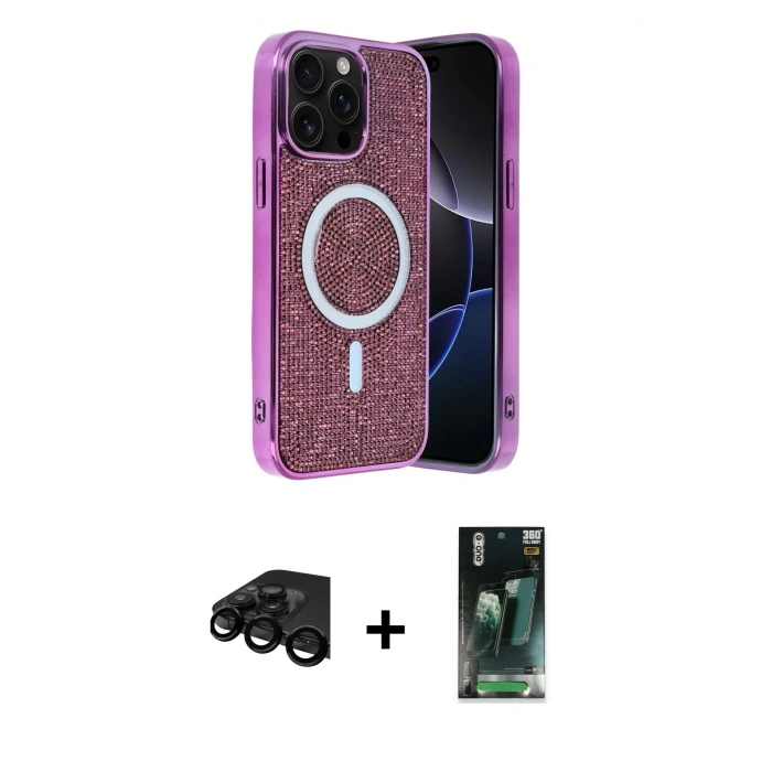 MARSİLYAN™- iPhone 15 Pro Kılıf Eksen Çizgi - Şeffaf 360 Full Body Arka Koruyucu + Raze Metal Kamera Lens - SH