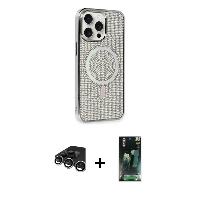 MARSİLYAN™- iPhone 15 Pro Kılıf Eksen Çizgi - Şeffaf 360 Full Body Arka Koruyucu + Raze Metal Kamera Lens - GS