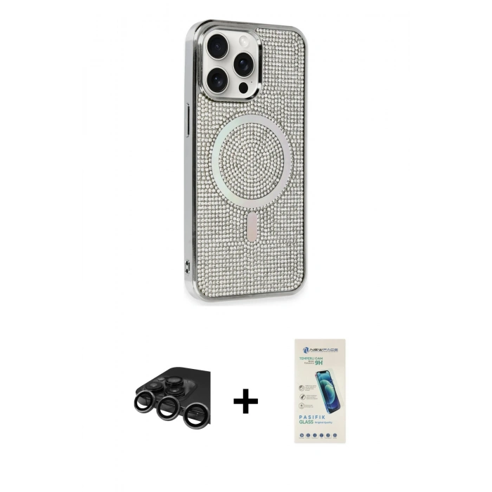 MARSİLYAN™- iPhone 15 Pro Kılıf Eksen Çizgi - Şeffaf Pasifik Cam Ekran Koruyucu + Raze Metal Kamera Lens - TMGI