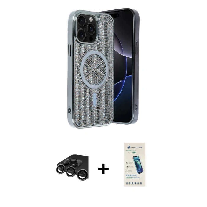 MARSİLYAN™- iPhone 15 Pro Kılıf Eksen Çizgi - Şeffaf Pasifik Cam Ekran Koruyucu + Raze Metal Kamera Lens - TMGI