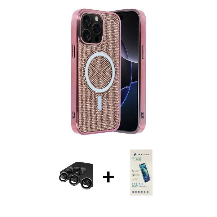 MARSİLYAN™- iPhone 15 Pro Kılıf Eksen Çizgi - Şeffaf Pasifik Cam Ekran Koruyucu + Raze Metal Kamera Lens - TMGI