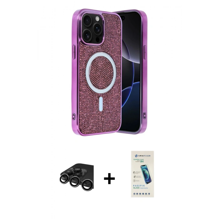 MARSİLYAN™- iPhone 15 Pro Kılıf Eksen Çizgi - Şeffaf Pasifik Cam Ekran Koruyucu + Raze Metal Kamera Lens - TMGI