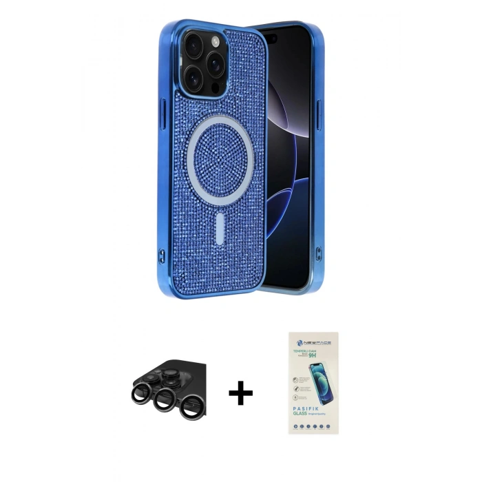 MARSİLYAN™- iPhone 15 Pro Kılıf Eksen Çizgi - Şeffaf Pasifik Cam Ekran Koruyucu + Raze Metal Kamera Lens - TMGI