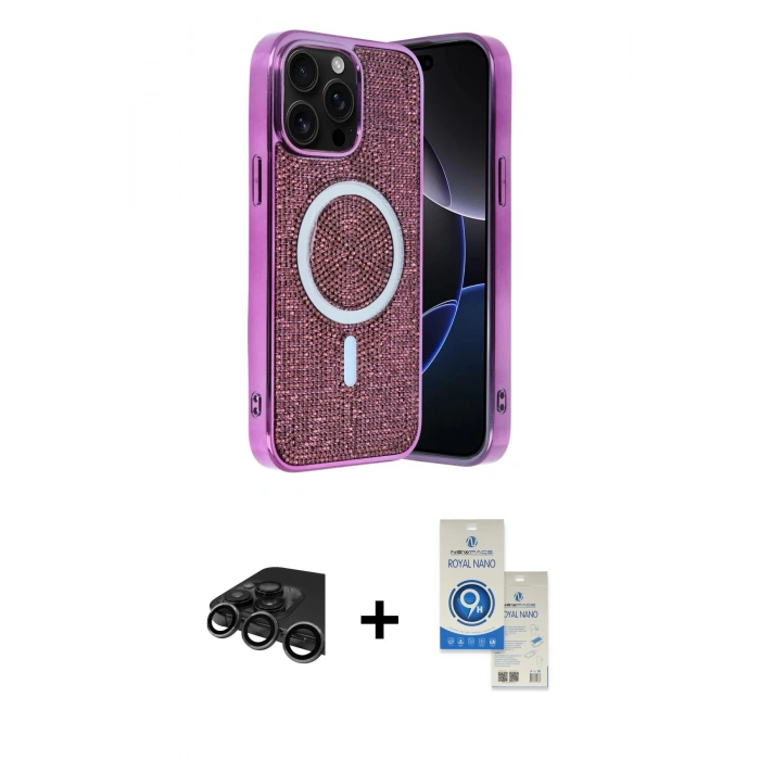 MARSİLYAN™- iPhone 15 Pro Kılıf Eksen Çizgi - Şeffaf Royal Nano Ekran Koruyucu + Raze Metal Kamera Lens - TMGI