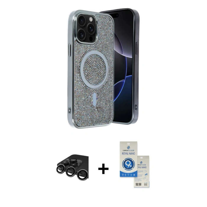 MARSİLYAN™- iPhone 15 Pro Kılıf Eksen Çizgi - Şeffaf Royal Nano Ekran Koruyucu + Raze Metal Kamera Lens - TMGI