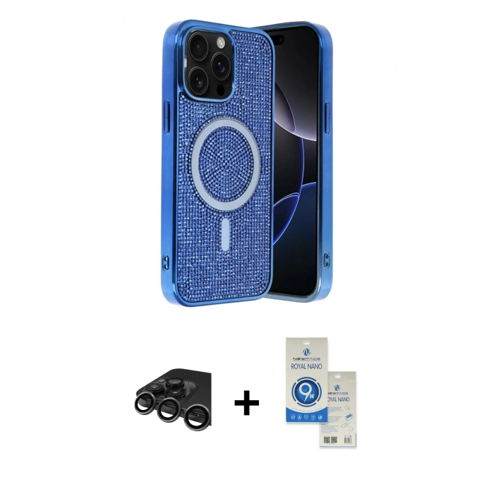 MARSİLYAN™- iPhone 15 Pro Kılıf Eksen Çizgi - Şeffaf Royal Nano Ekran Koruyucu + Raze Metal Kamera Lens - TMGI