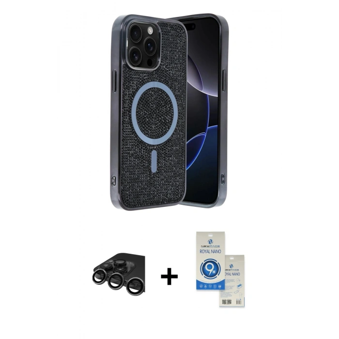 MARSİLYAN™- iPhone 15 Pro Kılıf Eksen Çizgi - Şeffaf Royal Nano Ekran Koruyucu + Raze Metal Kamera Lens - TMGI