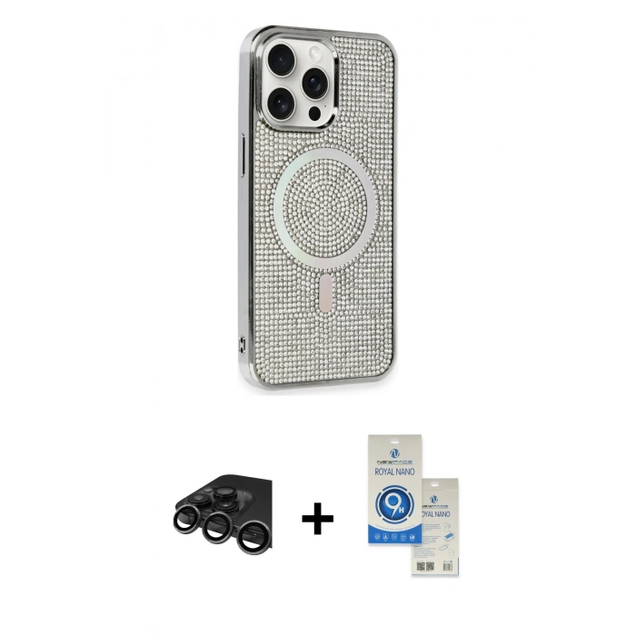MARSİLYAN™- iPhone 15 Pro Kılıf Eksen Çizgi - Şeffaf Royal Nano Ekran Koruyucu + Raze Metal Kamera Lens - TMGI