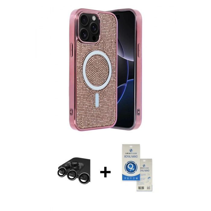 MARSİLYAN™- iPhone 15 Pro Kılıf Eksen Çizgi - Şeffaf Royal Nano Ekran Koruyucu + Raze Metal Kamera Lens - TMGI