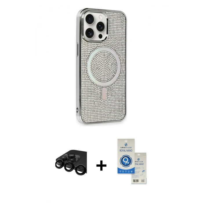 MARSİLYAN™- iPhone 15 Pro Kılıf Eksen Çizgi - Şeffaf Royal Nano Ekran Koruyucu + Raze Metal Kamera Lens - SH