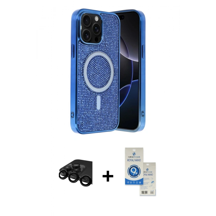 MARSİLYAN™- iPhone 15 Pro Kılıf Eksen Çizgi - Şeffaf Royal Nano Ekran Koruyucu + Raze Metal Kamera Lens - SH
