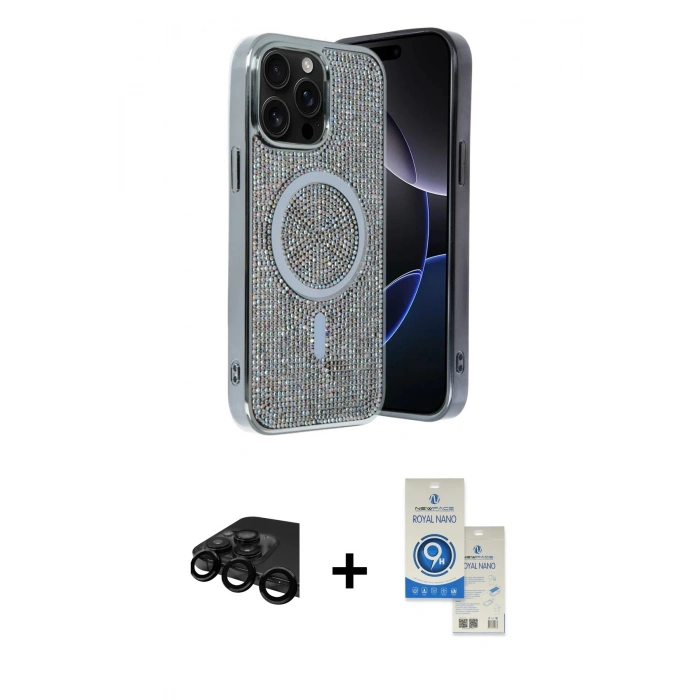 MARSİLYAN™- iPhone 15 Pro Kılıf Eksen Çizgi - Şeffaf Royal Nano Ekran Koruyucu + Raze Metal Kamera Lens - SH