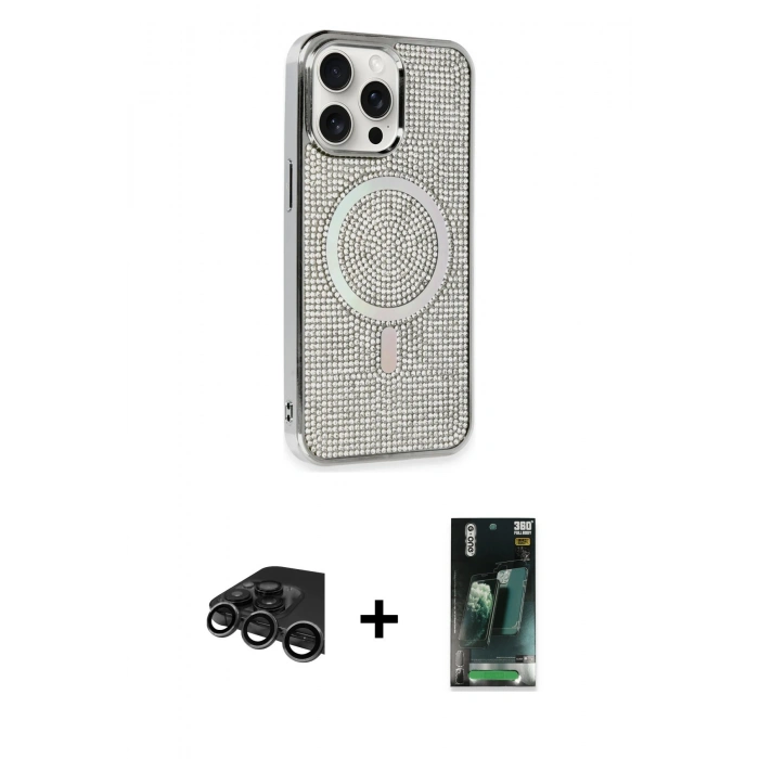 MARSİLYAN™- iPhone 15 Pro Kılıf Eksen Çizgi - Siyah 360 Mat Full Body Arka Koruyucu + Raze Metal Kamera Lens - TMGI