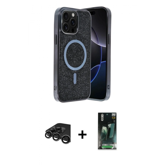MARSİLYAN™- iPhone 15 Pro Kılıf Eksen Çizgi - Siyah 360 Mat Full Body Arka Koruyucu + Raze Metal Kamera Lens - TMGI