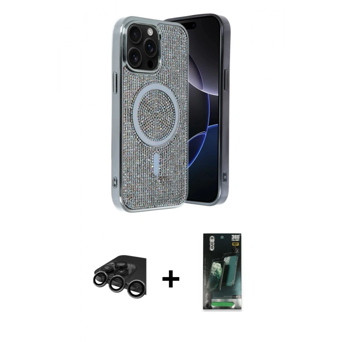 MARSİLYAN™- iPhone 15 Pro Kılıf Eksen Çizgi - Siyah 360 Mat Full Body Arka Koruyucu + Raze Metal Kamera Lens - TMGI