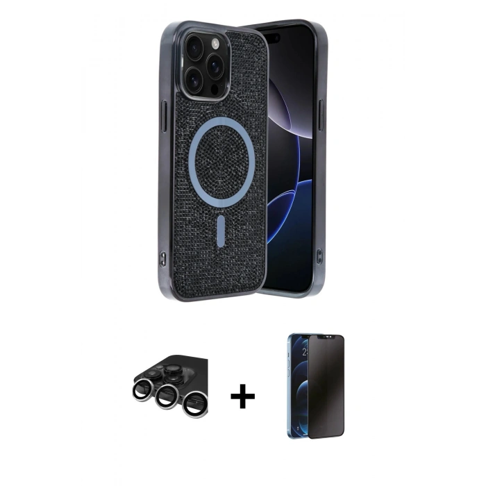 MARSİLYAN™- iPhone 15 Pro Kılıf Eksen Çizgi - Siyah 3D Antistatik Hayalet Cam Ekran Koruyucu + Raze Metal Kamera Lens - GS