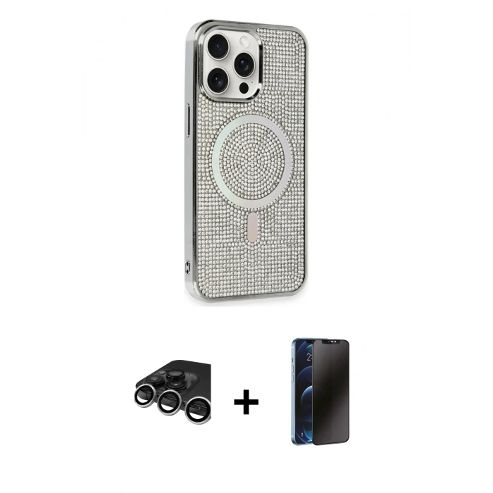 MARSİLYAN™- iPhone 15 Pro Kılıf Eksen Çizgi - Siyah 3D Antistatik Hayalet Cam Ekran Koruyucu + Raze Metal Kamera Lens - GS