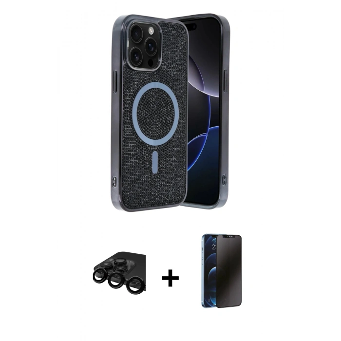 MARSİLYAN™- iPhone 15 Pro Kılıf Eksen Çizgi - Siyah 3D Antistatik Hayalet Cam Ekran Koruyucu + Raze Metal Kamera Lens - SH