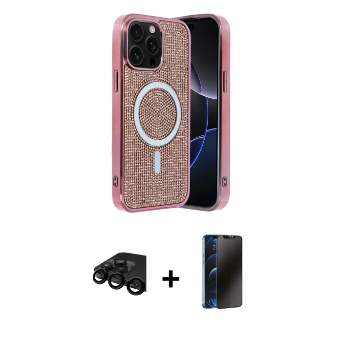 MARSİLYAN™- iPhone 15 Pro Kılıf Eksen Çizgi - Siyah 3D Antistatik Hayalet Cam Ekran Koruyucu + Raze Metal Kamera Lens - SH
