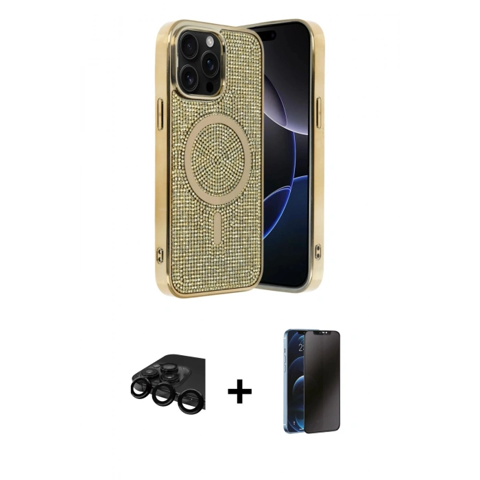 MARSİLYAN™- iPhone 15 Pro Kılıf Eksen Çizgi - Siyah 3D Antistatik Hayalet Cam Ekran Koruyucu + Raze Metal Kamera Lens - SH