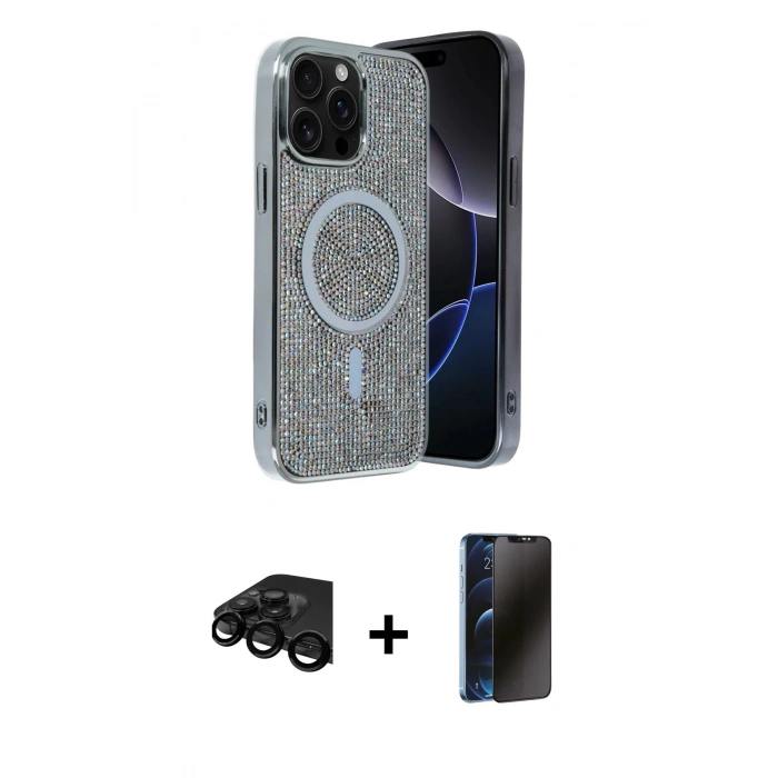 MARSİLYAN™- iPhone 15 Pro Kılıf Eksen Çizgi - Siyah 3D Antistatik Hayalet Cam Ekran Koruyucu + Raze Metal Kamera Lens - SH