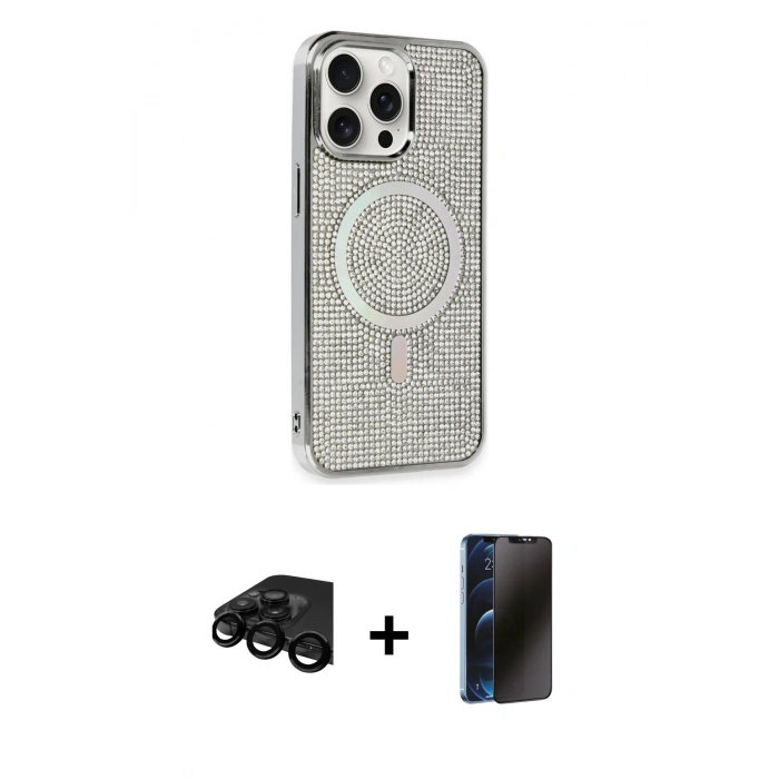 MARSİLYAN™- iPhone 15 Pro Kılıf Eksen Çizgi - Siyah 3D Antistatik Hayalet Cam Ekran Koruyucu + Raze Metal Kamera Lens - SH