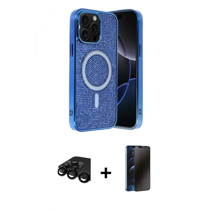 MARSİLYAN™- iPhone 15 Pro Kılıf Eksen Çizgi - Siyah 3D Antistatik Hayalet Cam Ekran Koruyucu + Raze Metal Kamera Lens - SH