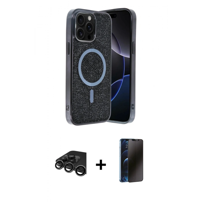 MARSİLYAN™- iPhone 15 Pro Kılıf Eksen Çizgi - Siyah 3D Antistatik Hayalet Cam Ekran Koruyucu + Raze Metal Kamera Lens - TMGI