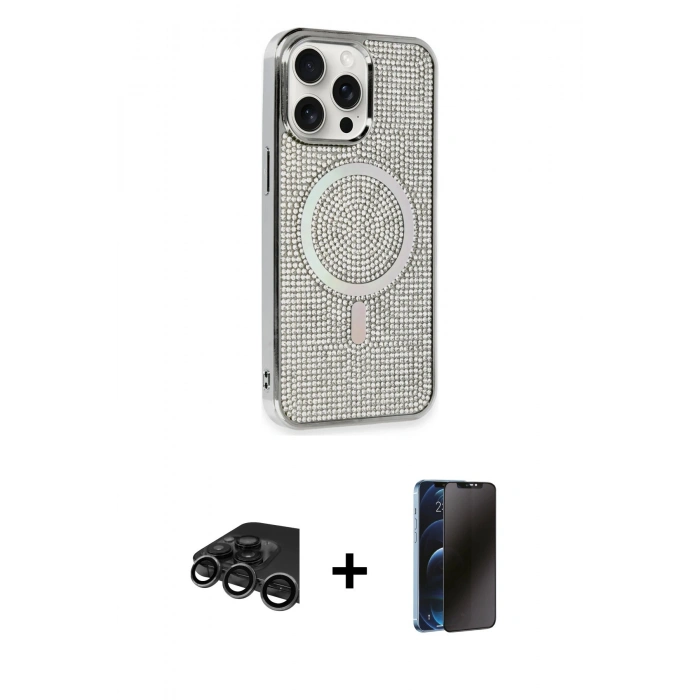 MARSİLYAN™- iPhone 15 Pro Kılıf Eksen Çizgi - Siyah 3D Antistatik Hayalet Cam Ekran Koruyucu + Raze Metal Kamera Lens - TMGI